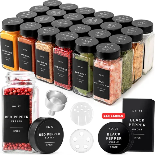 EDELHAUS Frascos de especias de vidrio con etiqueta y tapas de acero inoxidable (24 x 4 onzas) Recipientes de especias con 240 etiquetas, insertos