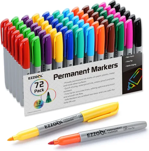 Ezzgol Marcadores Permanentes al Por Mayor, Paquete de Marcadores Permanentes de 72, 12 Colores Surtidos, Marcadores Permanentes de Punta Fina para