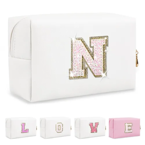 Miniatura 34 de Pequeña bolsa de maquillaje personalizada con inicial A-Z Preppy Patch, bolsa de cosméticos de viaje de felpilla blanca con cremallera, bonita bolsa