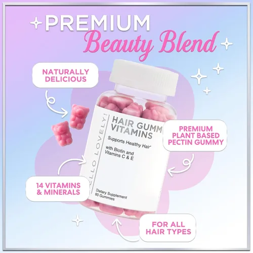 Miniatura 5 de Hello Lovely - Gomitas de vitaminas para el cabello con biotina, 5000 mcg de vitaminas E y C que apoyan el crecimiento del cabello, vegetariano