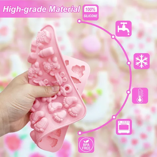 Miniatura 3 de Paquete de 2 moldes de silicona para baby shower, 35 cavidades para pies de bebé, con botella 3D, para chupete, patrón de oso carruaje para fiesta