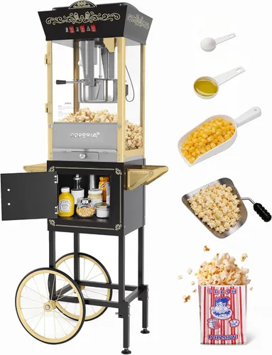 Máquina de palomitas de maíz con carrito, máquina de palomitas retro de 12 onzas con plataforma de calentamiento, máquina de palomitas de maíz Negro