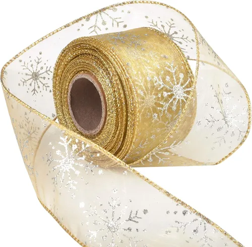 Miniatura 12 de Cinta con alambre de 2.5 pulgadas de Navidad con copo de nieve, cinta de organza con purpurina para árbol de Navidad, corona, decoración de fiesta