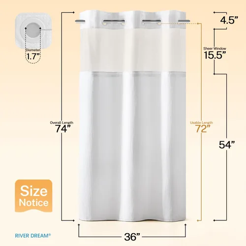 Miniatura 7 de Cortina de baño River Dream de tela pesada sin ganchos con diseño de gofre punteado y forro a presión - 36W x 74H, de calidad hotelera, cortina
