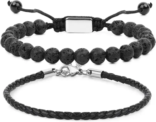 Miniatura 27 de Pulseras de cuentas negras para hombres y niños: 0.236 in de obsidiana ónix cuentas de lava para hombre conjunto de pulseras para hombre - Genial