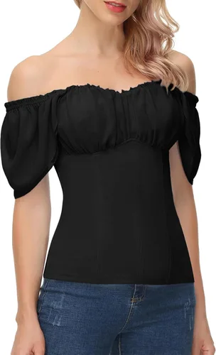 Scarlet Darkness Camisa Renacentista para Mujer con Hombros Descubiertos y Mangas Cortas con Volantes, Blusa Campesina de Verano con Cuello Cuadrado