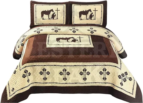 Western Peak Praying Cowboy Horse Barb Wire Star Cabin Lodge Juego de colcha de lujo de 3 piezas beige marrón (beige King)