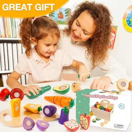 Miniatura 7 de Juego de alimentos de madera para la cocina de los niños Juego de alimentos de juguete para cortar verduras y frutas con estuche de almacenamiento