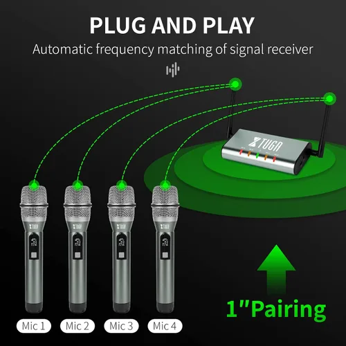Miniatura 4 de XTUGA Sistema de micrófono inalámbrico UHF de 4 canales, Plug and Play, micrófonos de mano de metal con rango de 164 pies, mini receptor