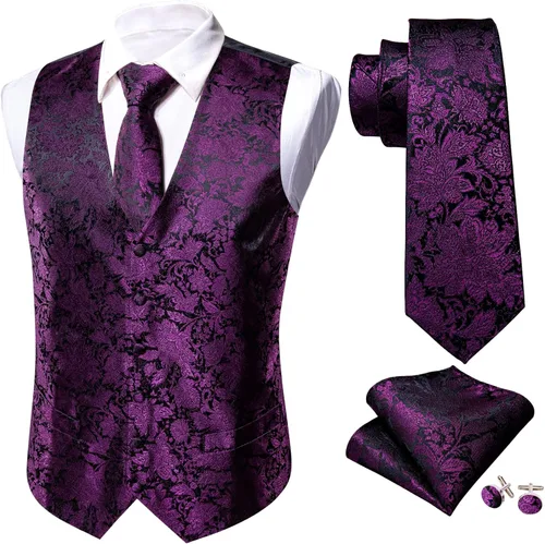 Miniatura 4 de Barry.Wang Chaleco de traje con cuello en V de cachemira para hombre, chaleco de jacquard de seda formalocio, conjunto de 5 piezas