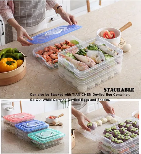 Miniatura 3 de Contenedor organizador de refrigerador, recipientes de plástico para almacenamiento de alimentos con tapa, 3 capas, sin BPA, apilable organizador