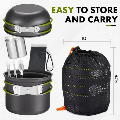 Miniatura 5 de Kit de utensilios de cocina para campamento, mochileros, ollas de 0.33 galones y sartenes de 0.17 galones, taza SUS304 de 0.08 galones, tenedores