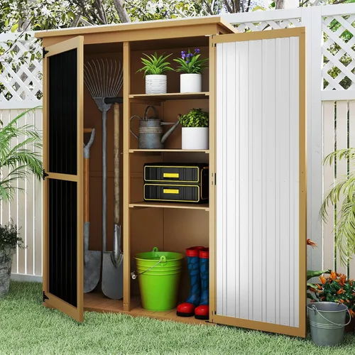 Miniatura 12 de Pequeño armario de almacenamiento para exteriores con estante, cobertizo de almacenamiento de madera blanca y plástico con techo impermeable