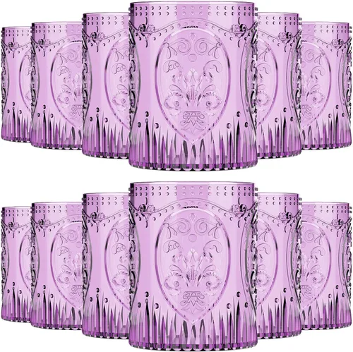 Miniatura 26 de Qinyoung 24 Vasos de Plástico Vintage para Beber de 8.5oz Copas de Vino Retro en Relieve Sin Pie Irrompibles Reutilizables para Baby Shower Negro