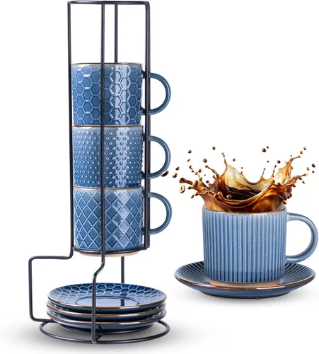 Miniatura 42 de GBhome Tazas de café apilables de 6 onzas, tazas de café de cerámica con patrones de textura para hombre, mujer, papá, mamá, juego de 4 tazas