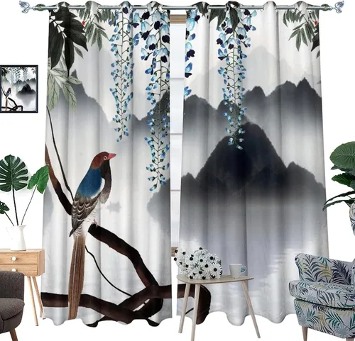 Miniatura 3 de Cortinas opacas para oscurecer la habitación con ojales, diseño de flores japonesas con ojales, arte retro de primavera y ramas florales, arte
