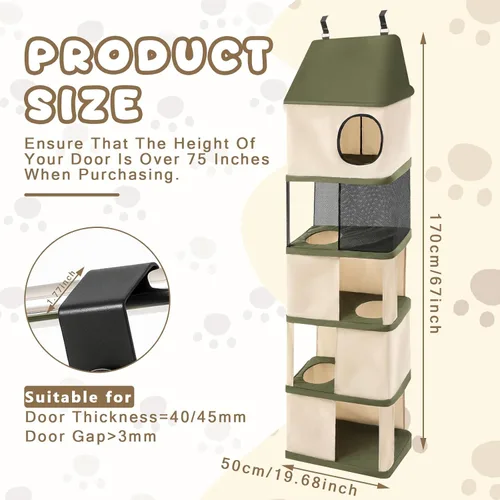 Miniatura 2 de Torre colgante de árbol para gatos de interior de 5 niveles de menos de 40 libras, muebles para mascotas montados en la puerta, ahorro de espacio