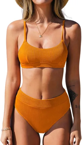 Miniatura 7 de CUPSHE Conjunto de bikini de dos piezas para mujer, traje de baño de cintura alta con cuello redondo