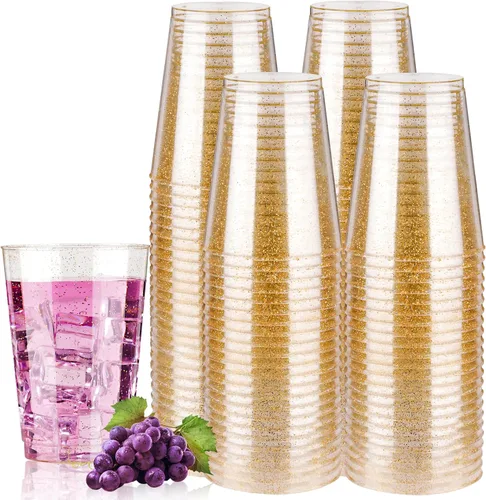 Miniatura 8 de Goodluck 100 vasos de plástico con purpurina dorada de 9 onzas, vasos desechables con purpurina, elegantes vasos de cóctel de plástico, vasos