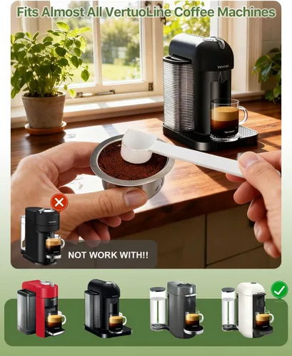 Miniatura 2 de Grasseed Cápsula Vertuo recargable, kit de cápsulas Vertuo de acero inoxidable reutilizable con 40 tapas de aluminio, cuchara, cepillo, preparación
