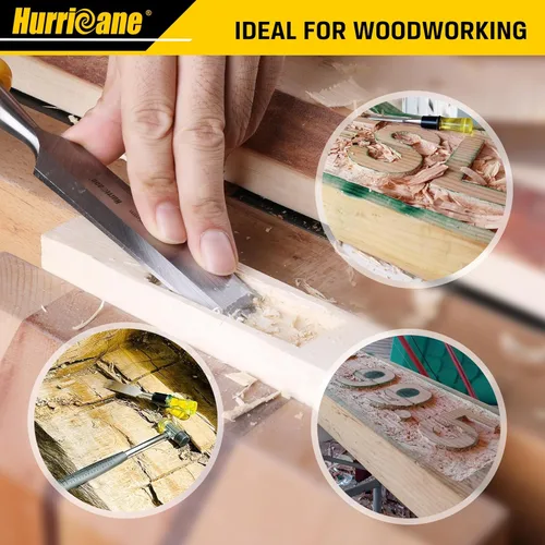 Miniatura 5 de HURRICANE - Juego de 4 cinceles de madera para carpintería. Hojas de acero CR-V con borde biselado y tapas de seguridad. Mango de PVC duradero