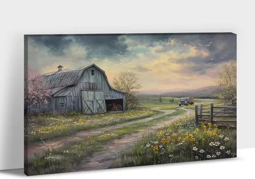 Miniatura 23 de Arte de pared con estampado de granero blanco de granja, granero y vaca, arte de pared con imágenes de granero blanco, cuadros rústicos de campo