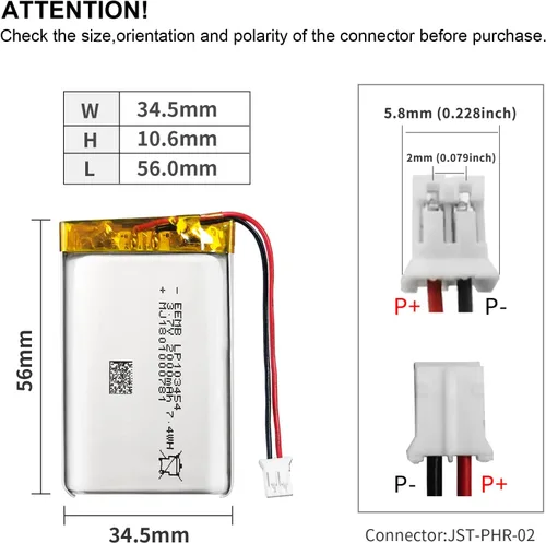 Miniatura 2 de EEMB Batería de Polímero de Litio 3.7V 2000mAh 103454 Paquete de Batería Recargable Lipo con Conector JST para Altavoz y Dispositivo Inalámbrico
