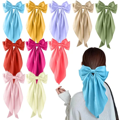 Miniatura 8 de Lazos para el pelo para mujeres y niñas, 10 piezas de lazos grandes, pinzas para el cabello, lazos de satén sedoso, lazo grande en capas, accesorios