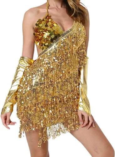 REETAN Falda de vientre de moda con guantes de lentejuelas y borlas, vestido de baile, falda de baile rave, disfraz de rendimiento para mujeres y