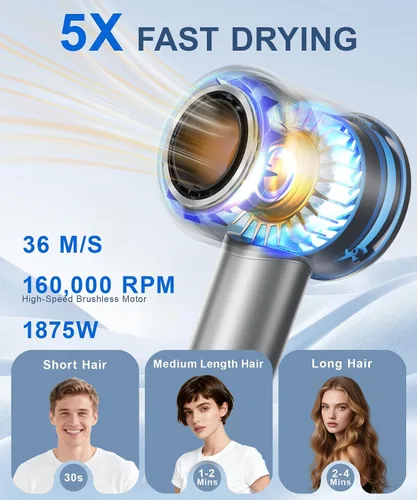 Miniatura 2 de Secador de pelo, 160000 rpm, secador iónico de alta velocidad con difusor magnético, secador de pelo de secado rápido para mujeres, control
