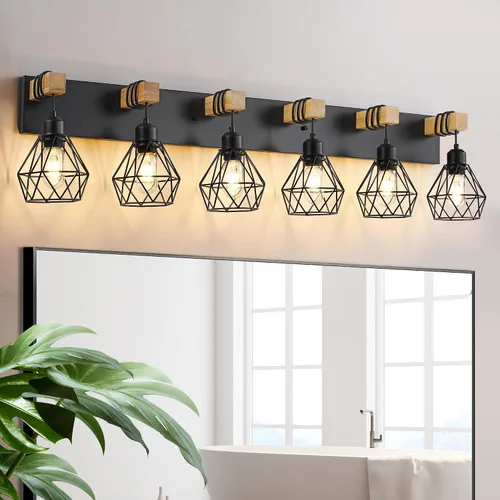 Miniatura 16 de Lámpara de tocador estilo casa de campo para baño, luminarias de tocador de baño de 2 luces negra dorada de madera sobre espejo, apliques rústicos