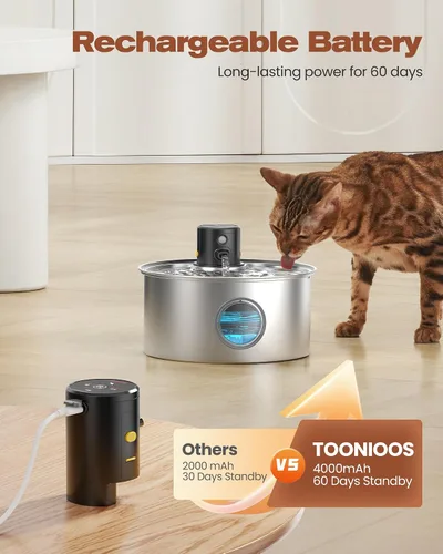 Miniatura 5 de Fuente de agua para gatos alimentada por baterías: fuente inalámbrica para gatos - Fuente de agua recargable para mascotas de acero inoxidable