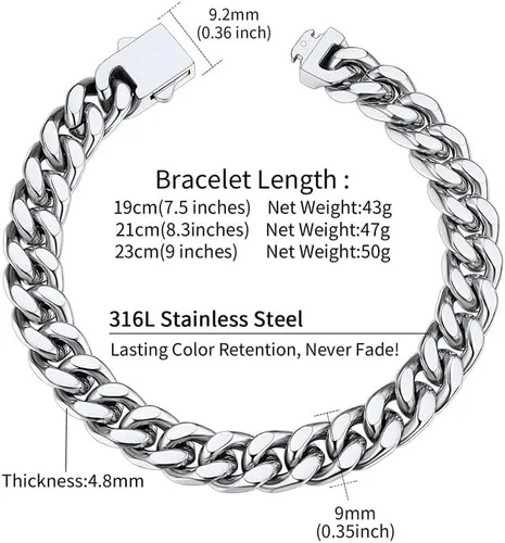 Miniatura 6 de ChainsHouse Pulsera de eslabones cubanos de acero inoxidable para hombre, 0.197in0.276in0.354in0.472in de ancho, 7.5"8.3"9" de largo, negro18K