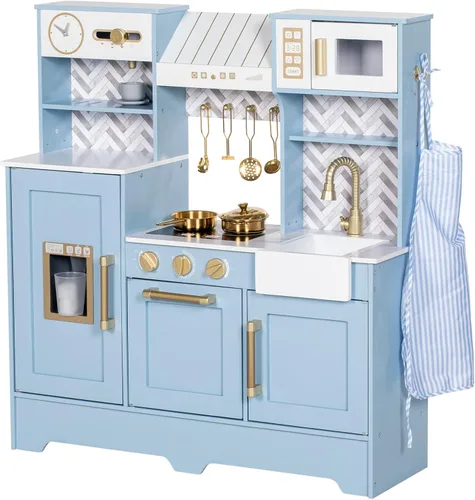 BRINJOY Cocina de Juguete para Niños, Juego de Cocina de Madera para Niños con Cafetera, Horno, Estufa, Fregadero, Delantal, Máquina de Hielo, Azul