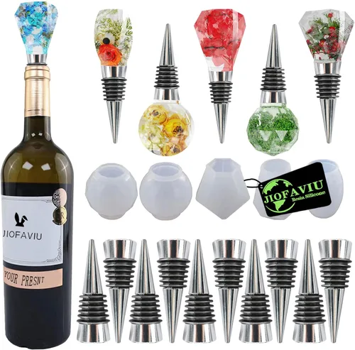 Juego de 15 moldes de resina para tapones de botella de vino, moldes de silicona para resina epoxi (5 moldes y 10 tapones)