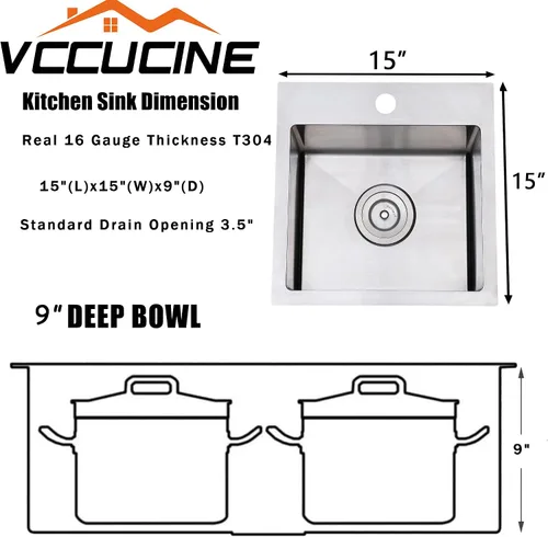 Miniatura 3 de Fregadero de barra de montaje superior, de 15x15 pulgadas, fregadero de cocina pequeño para RV, fregadero de barra húmeda de acero inoxidable hecho