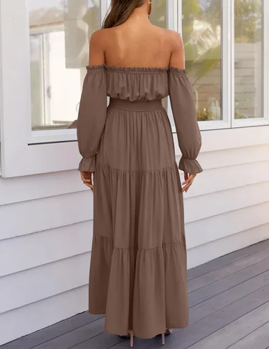 Miniatura 147 de ZESICA - Vestido largo, bohemio y sexy, con hombros descubiertos y manga larga fruncida, con elástico fruncido, cintura alta y abertura lateral