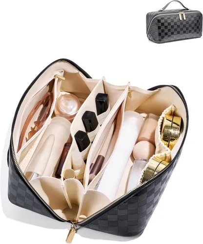 Miniatura 20 de Bolsa de cosméticos de viaje de gran capacidad - Bolsas de maquillaje portátiles para mujeres, impermeable, de cuero PU a cuadros, con organizador
