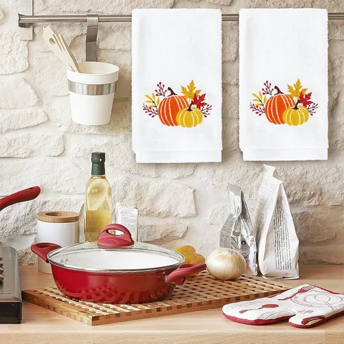Miniatura 6 de AnyDesign Juego de 2 toallas de mano con diseño de calabaza, algodón bordado, hojas de arce, para otoño, Acción de Gracias, baño, secado a mano