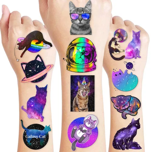 96 piezas divertidas de tatuajes temporales con temática de gatos espaciales, decoraciones de fiesta de cumpleaños, suministros de decoración de