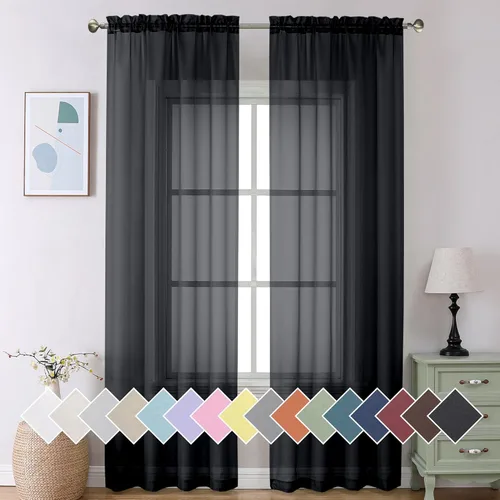 Miniatura 45 de Aiyufeng 2 paneles de cenefa transparente negra de 14 pulgadas de largo, cortinas cortas negras transparentes para dormitorio, cortinas de cocina