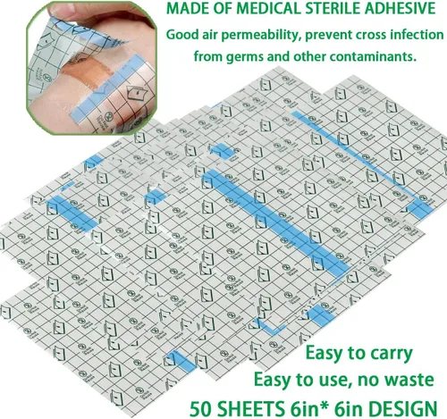 Miniatura 3 de 50 piezas de vendajes adhesivos elásticos impermeables de 6 x 6 pulgadas, película transparente para cuidado posterior de tatuajes y reparación