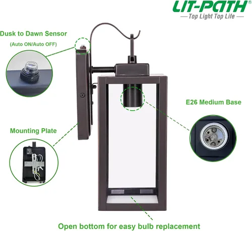 Miniatura 2 de LIT-PaTH Farol de pared para exteriores, aplique de pared como accesorio de iluminación de porche, base mediana E26 máximo 60 W, metal antioxidante