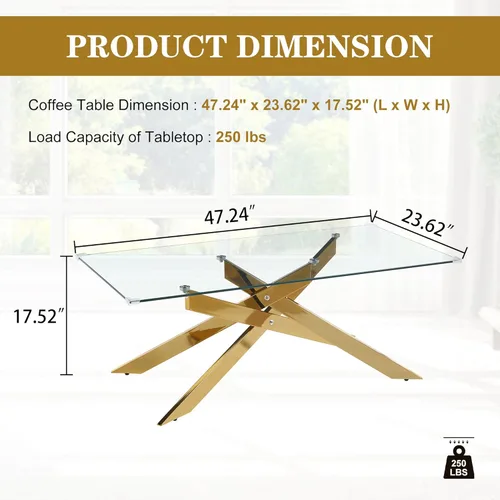 Miniatura 2 de Mesa de centro de cristal de 47 pulgadas con parte superior de vidrio templado y patas de metal dorado, mesa central rectangular moderna para sala