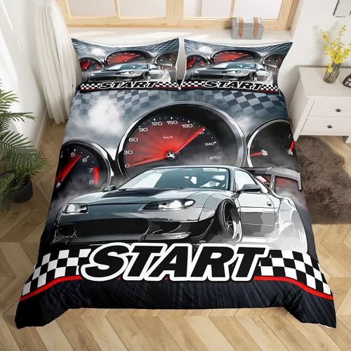 Miniatura 14 de Erosebridal Juego de ropa de cama de coche deportivo verde para niños, tamaño individual, funda de edredón de autos de carreras para niños