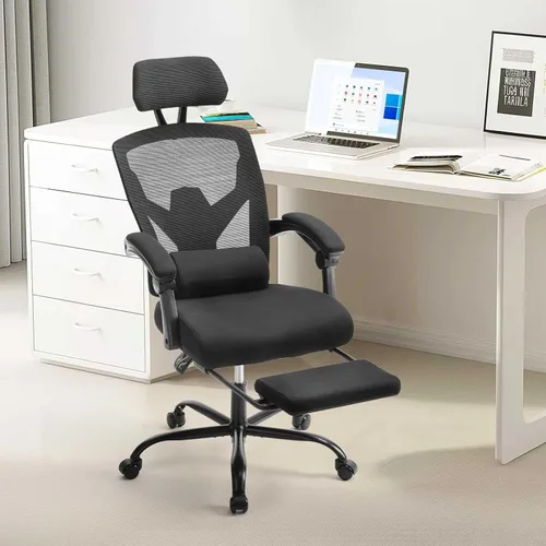 Miniatura 9 de Silla ergonómica de escritorio para computadora de oficina con almohada lumbar y reposapiés retráctil, sillones giratorios de malla con respaldo