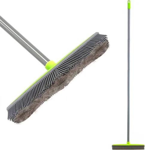 LandHope Escoba de empuje de mango largo, cerdas de goma, barrendora, borde de 59 pulgadas, escoba de cerdas antiarañazos para mascotas, gatos, Gris
