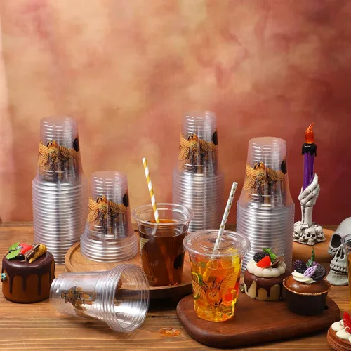 Miniatura 7 de Roowest Juego de 120 vasos desechables de plástico de 12 onzas con tapas y pajitas para niños y niñas, mago para Halloween, cumpleaños, bebidas
