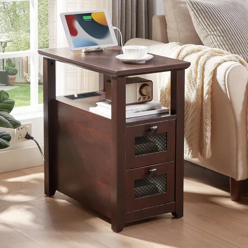 Miniatura 3 de HDDDZSW - Mesa auxiliar de granja XXL con estación de carga; mesa auxiliar estrecha con puertos USB y tomas de corriente, mesita de noche con 2