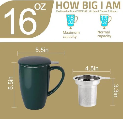 Miniatura 5 de Sweejar Taza infusora de té de porcelana con tapa, taza de té de 16 onzas con coladores para té de hojas sueltas, taza de café apta para microondas